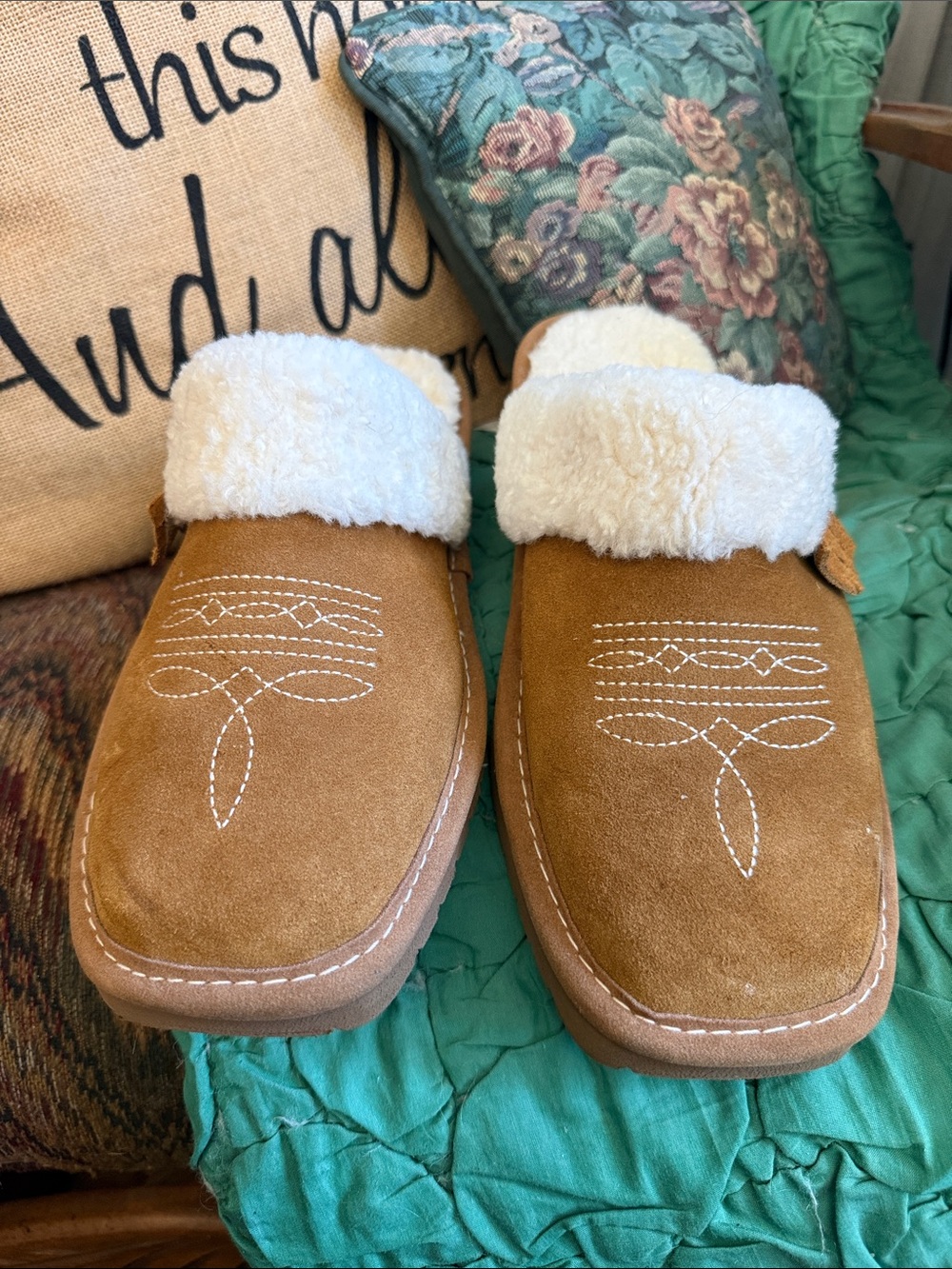 Ariat Tan Suede Shearling-Lined Slip-On Slippers